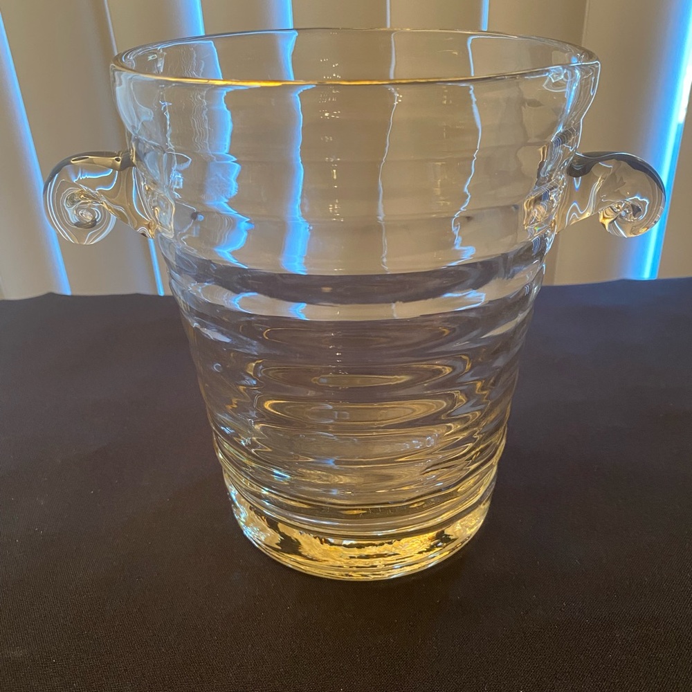 Ribbed Glass Ice or Champagne Bucket with Handles Gold Trim 7 1/2inH 6inW